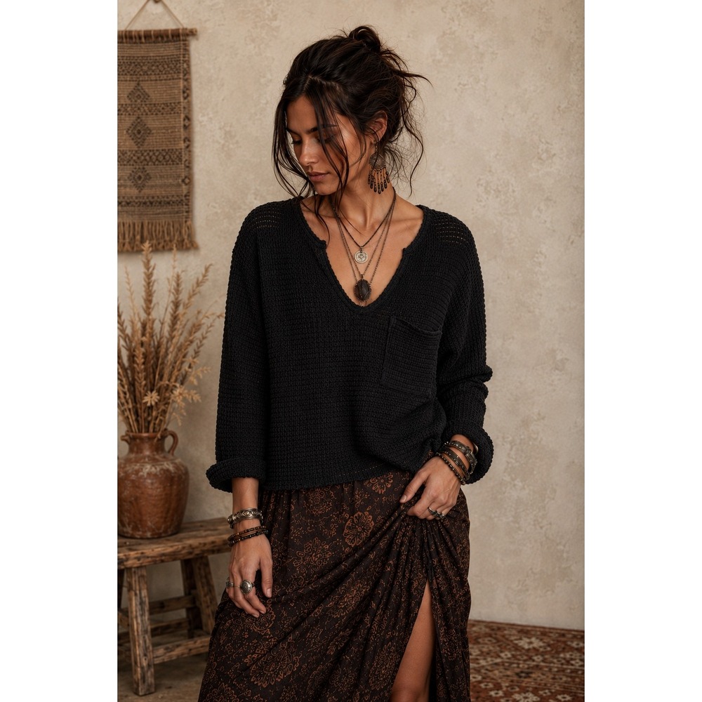 BiBi Black Thermal Waffle Knit Notched V-Neck Pocket Top Boho Women's Medium